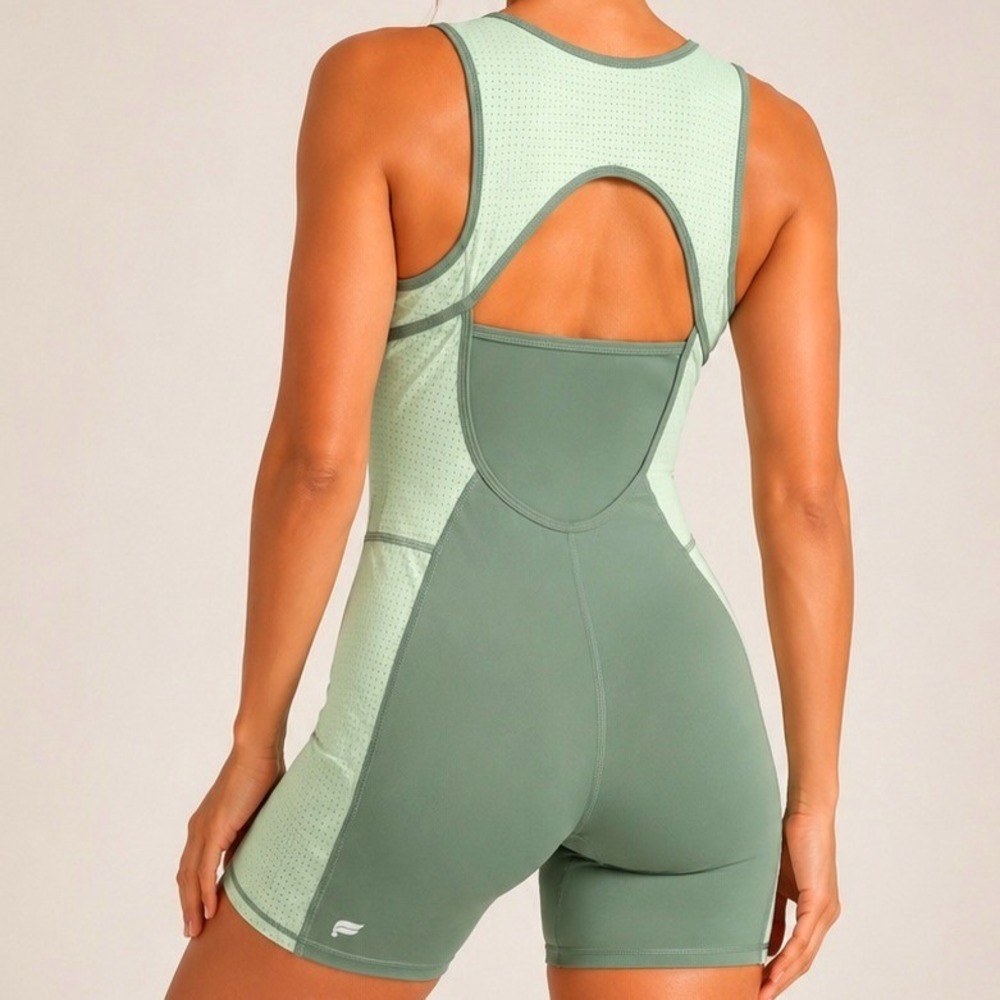 Fabletics Unitard Romper Green L Athletic One Piece Shorts Jumpsuit Built In Bra - Picture 2 of 8